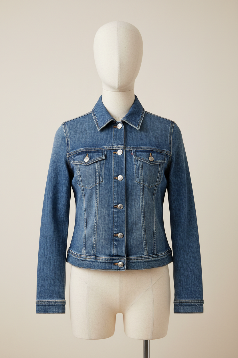 Mid-blue denim jacket on a mannequin