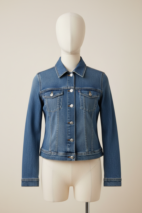 Mid-blue denim jacket on a mannequin