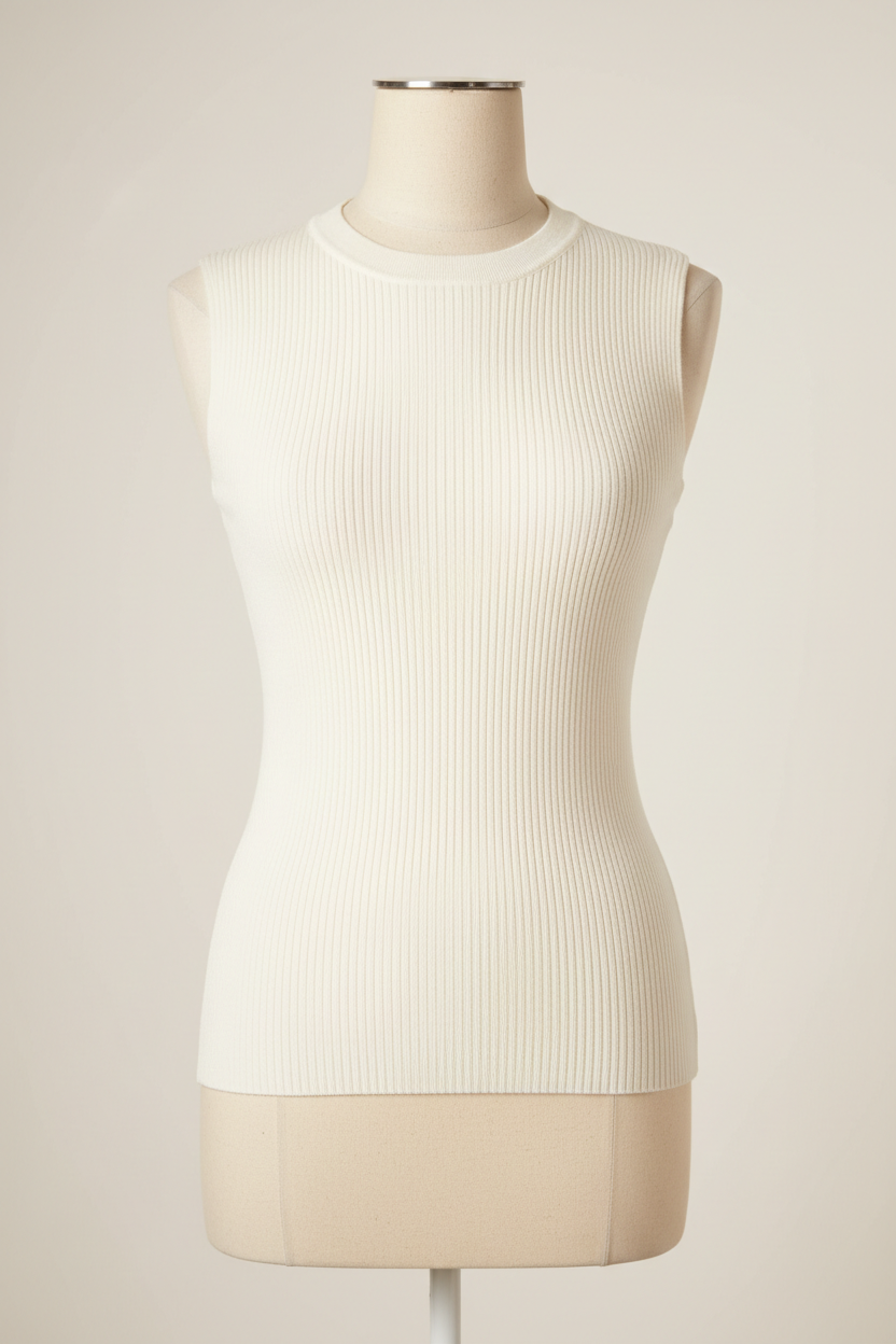 Ivory ribbed knit top on a mannequin