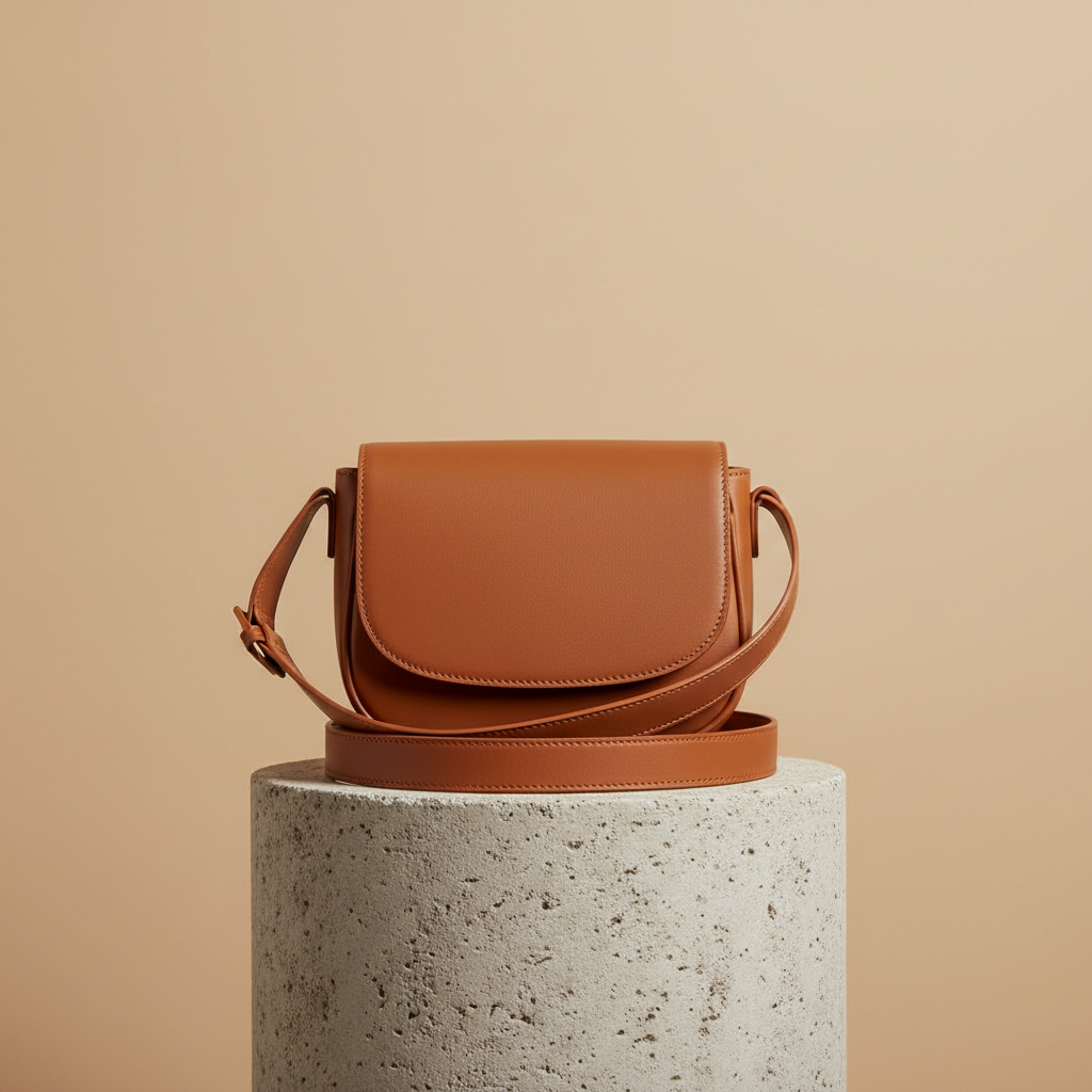 Cognac leather crossbody bag on a stone pedestal